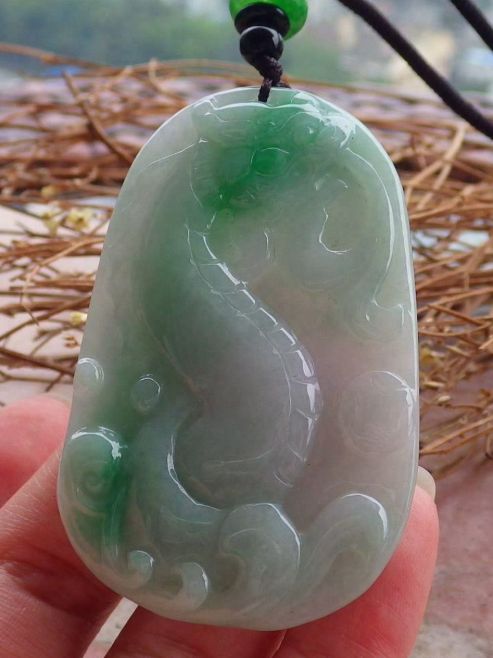 Certified Hand Carved Natural Burma A Jade Jadeite Ruyi Dragon Pendant Necklace
